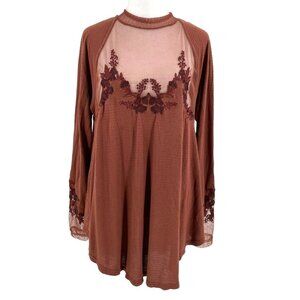 Free People Boho Embroidered Mesh Mock-Neck Blouse Top Brown size Medium